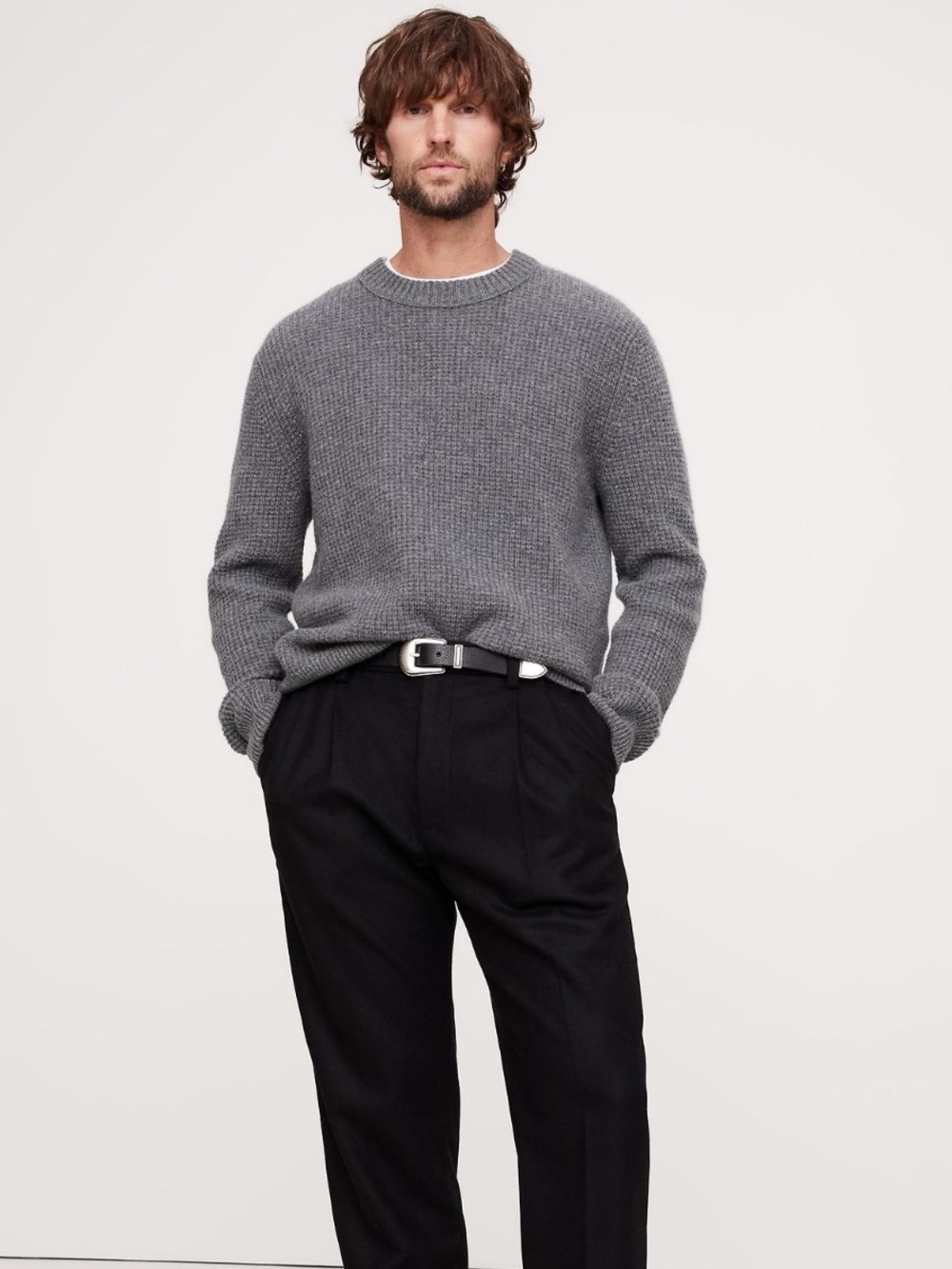 Banana Republic Merino Cashmere Waffle Knit Sweater Gray Mens L Wool Lux Elevate